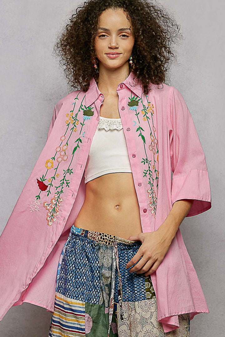 Pink Pol Floral Embroidered Half Sleeve Cotton Shirt