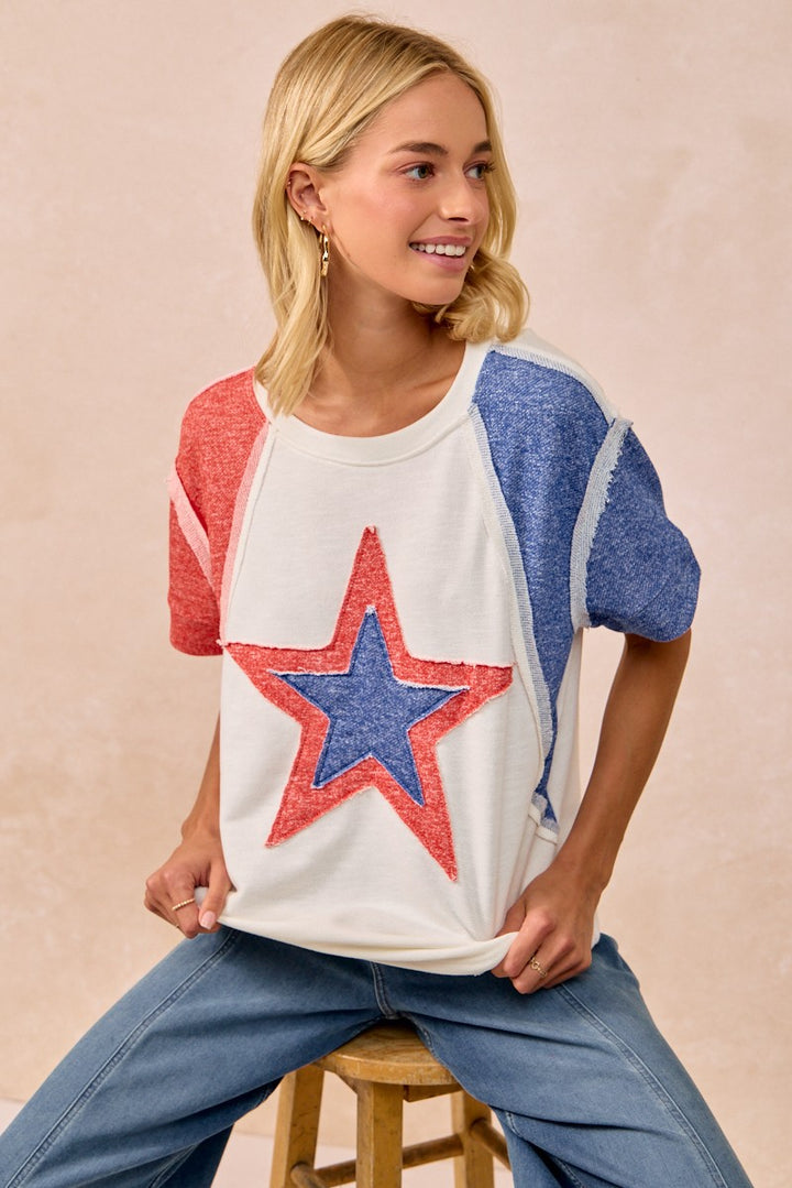 Bibi Contrast French Terry Cut Edge Detail Fourth Of July Theme T Shirt