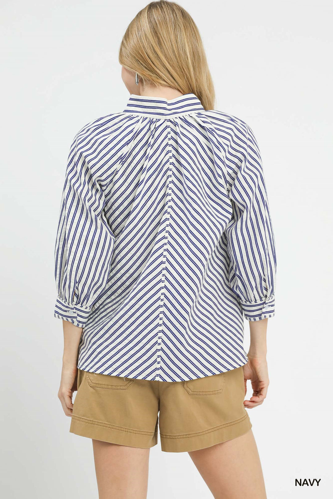Navy Umgee Striped V Neck Button Down Top