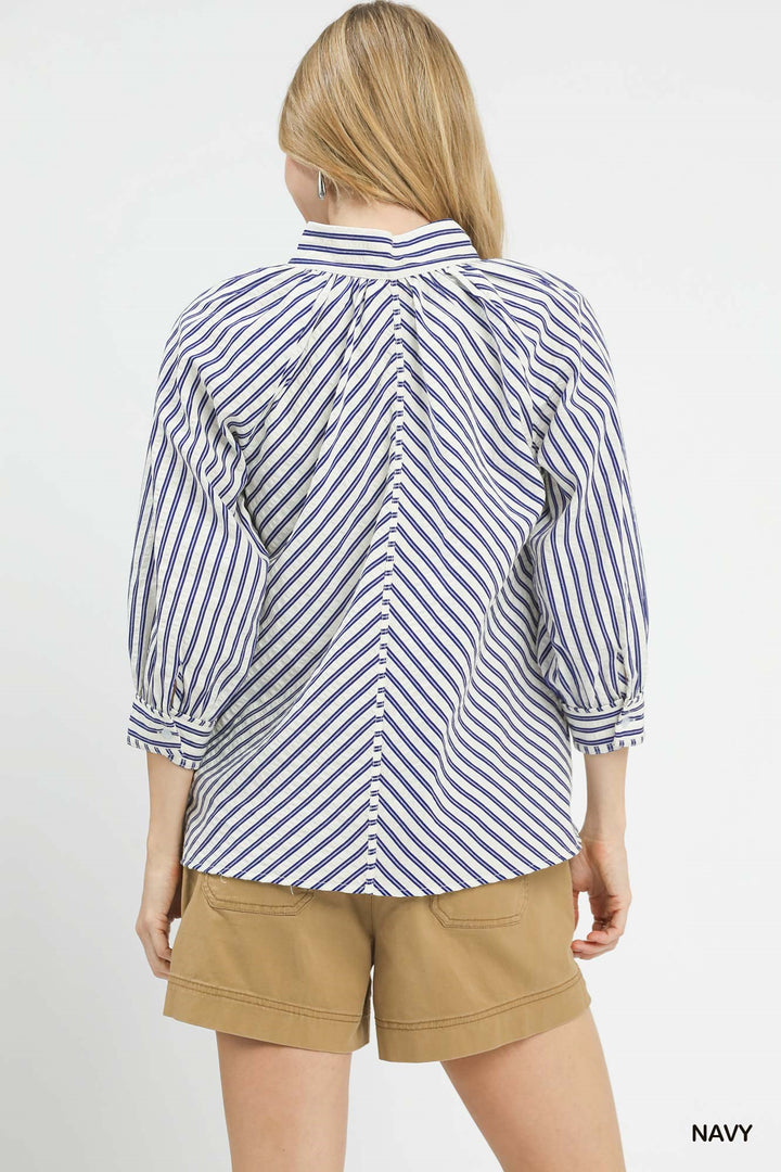 Navy Umgee Striped V Neck Button Down Top