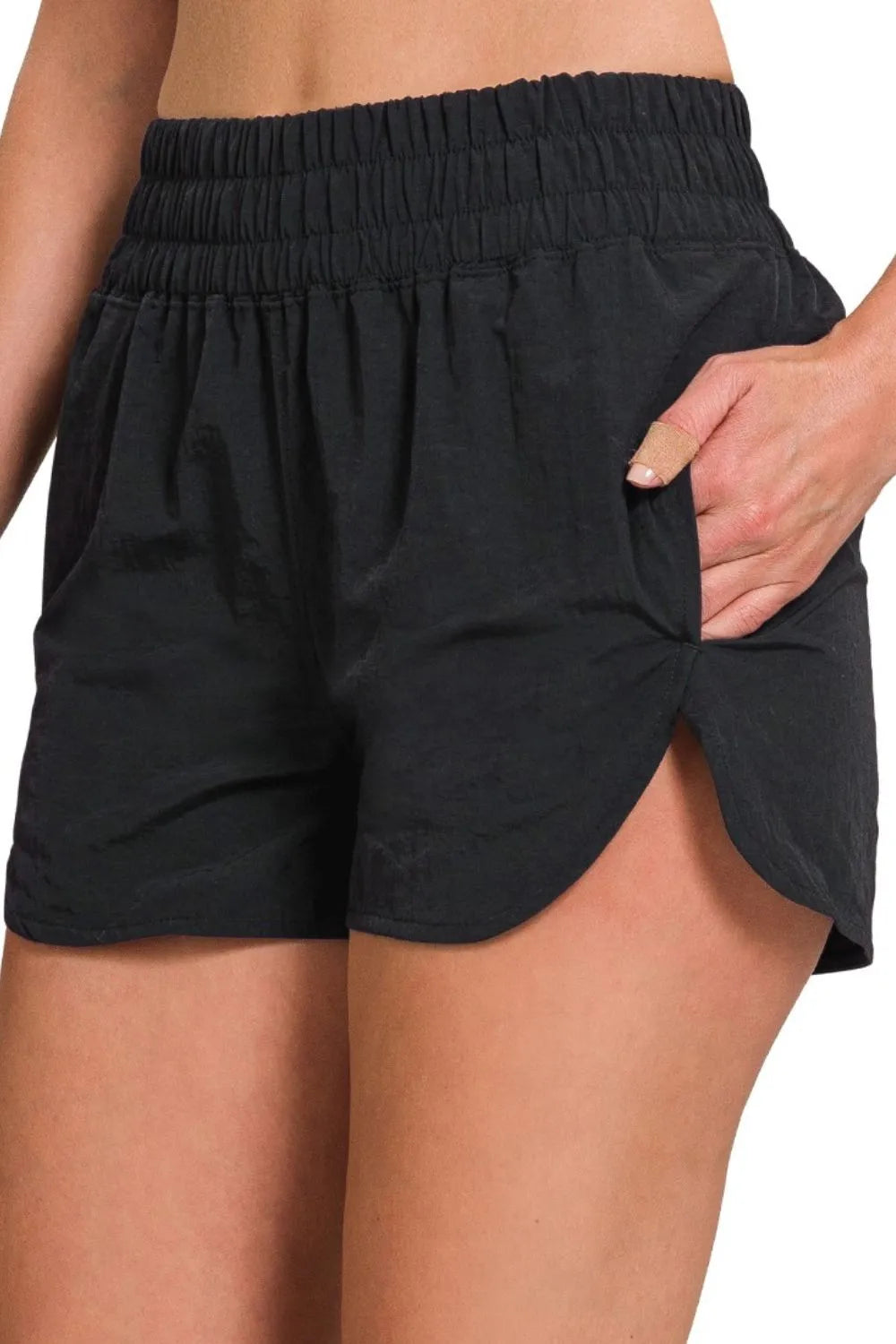 Black Zenana Windbreaker Smocked Waistband Running Shorts 4