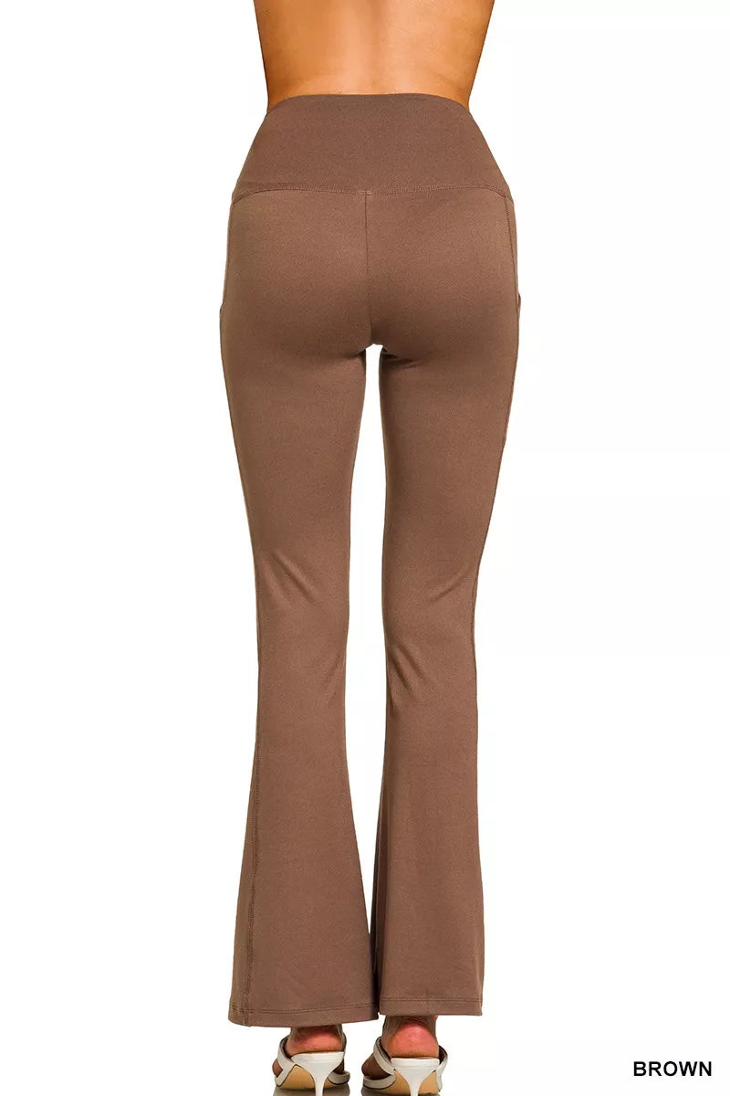 Brown Zenana Brushed Dty Microfiber Flare Pants 1