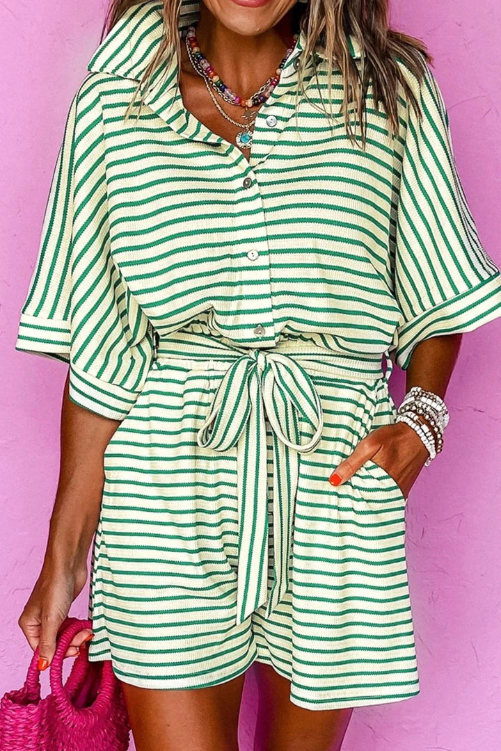 Green Striped Half Sleeve Tie Waist Romper