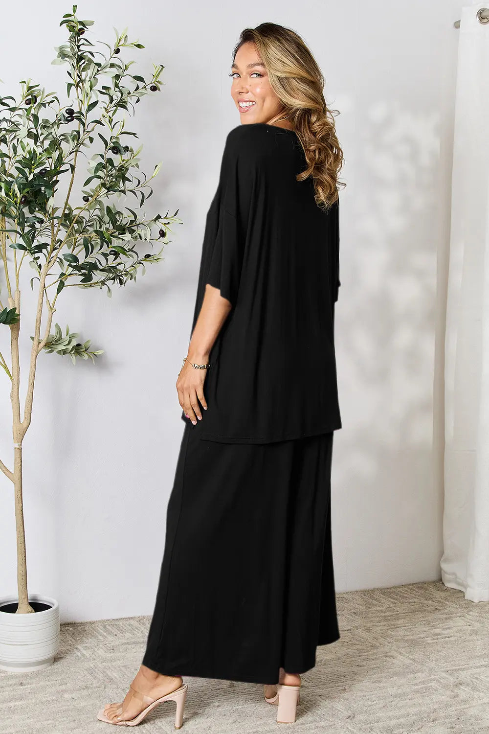 Black Double Take Full Size Round Neck Slit Top And Pants Set