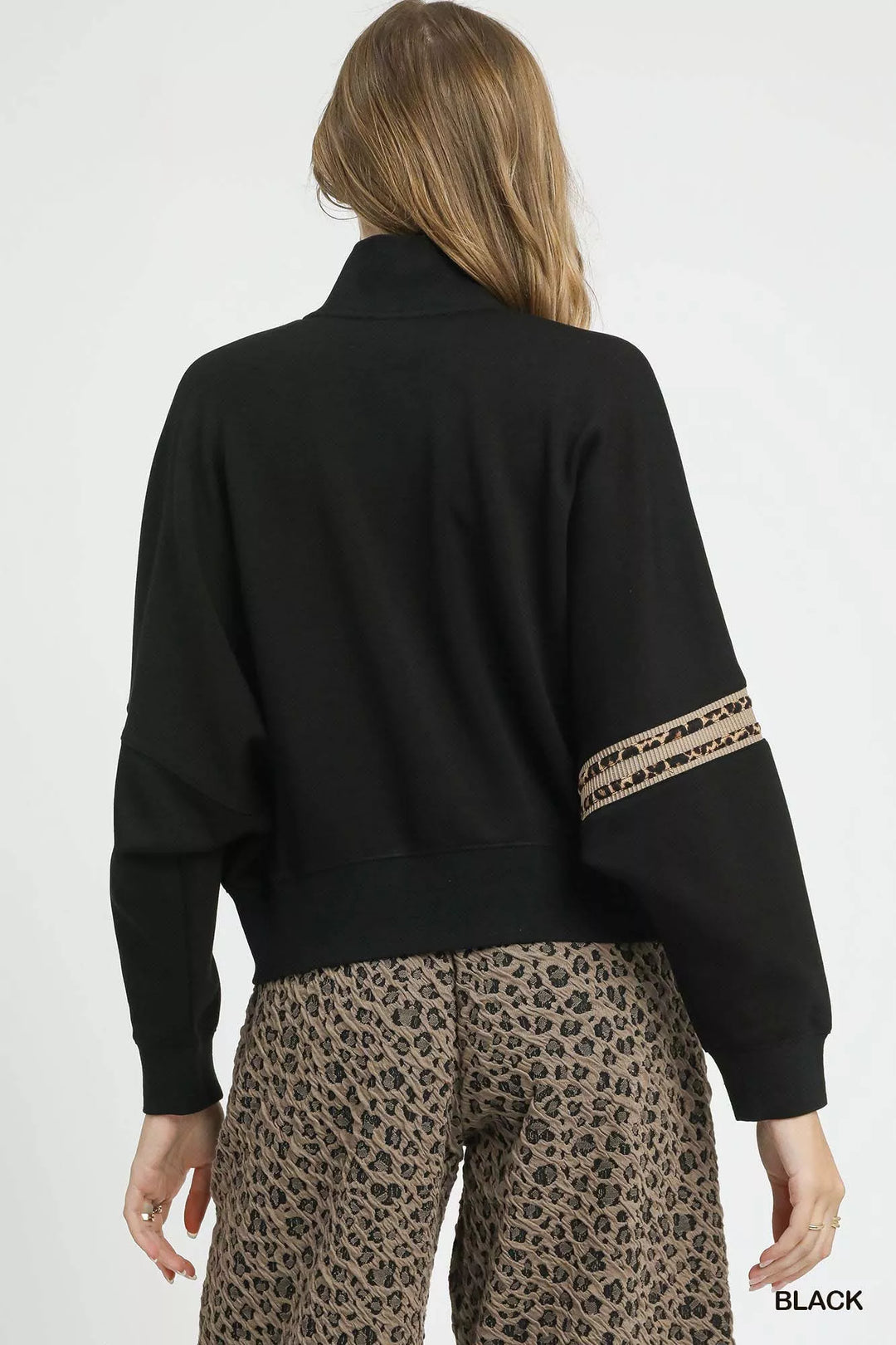 Black Umgee Zipper Up Cropped Jacket With Leopard Trim