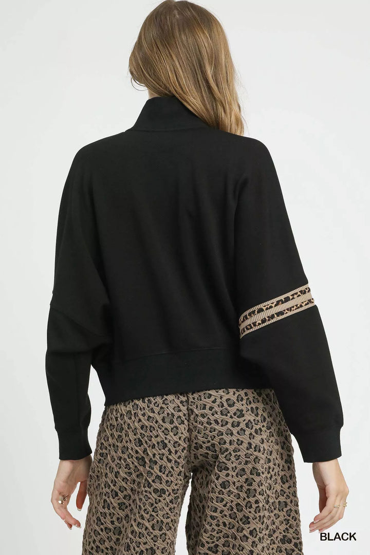 Black Umgee Zipper Up Cropped Jacket With Leopard Trim