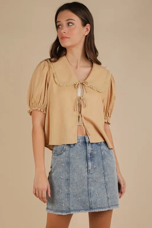 Very J Bow Printed Casual Denim Mini Skirt