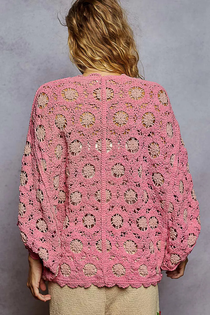 Pol Openwork V Neck Chenille Cardigan With Contrast Floral 1