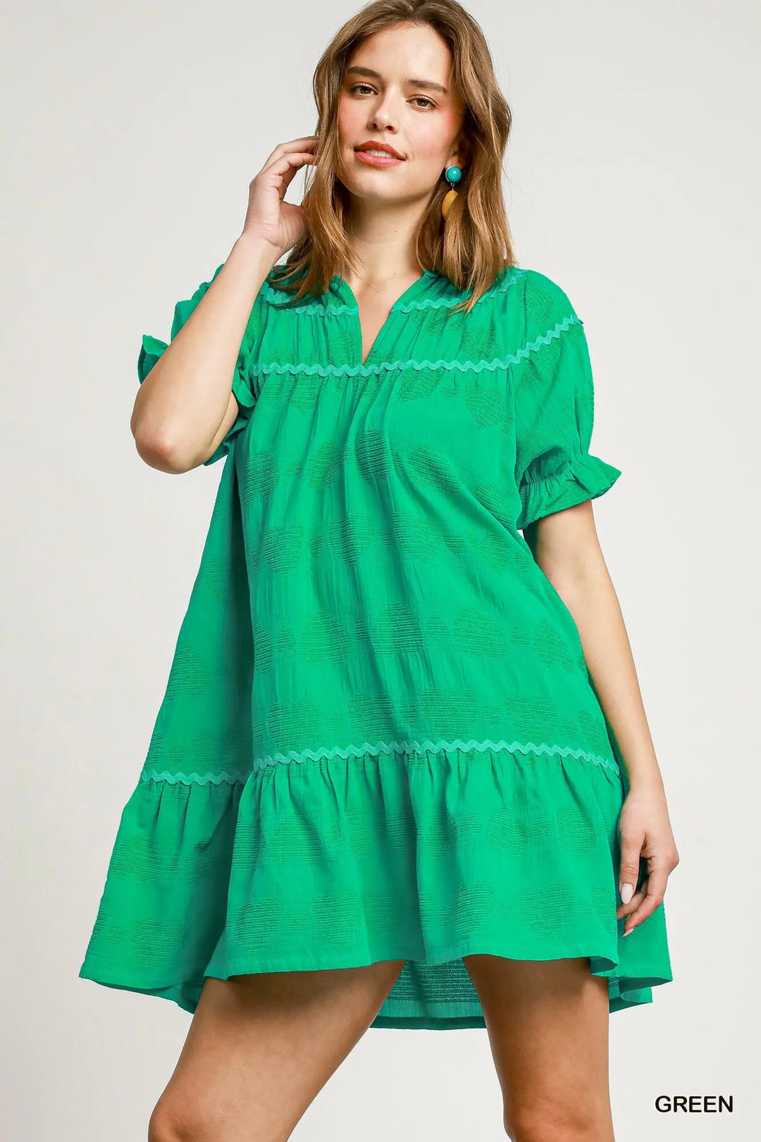 Green Umgee Heart Pattern Short Sleeve Ruffle Babydoll Dress 1