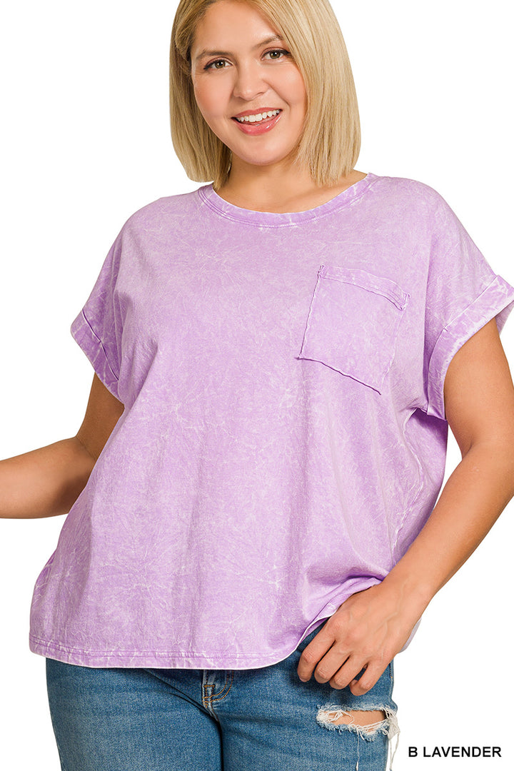 B Lavender Zenana Full Size Crinkle Washed Round Neck Folded Short Sleeve Tee Plus Size 2