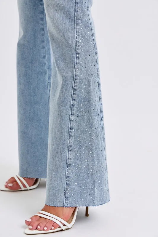 Lt Judy Blue Full Size Mid Rise Rhinestone Side Panel Detail Flare Jeans Plus Size