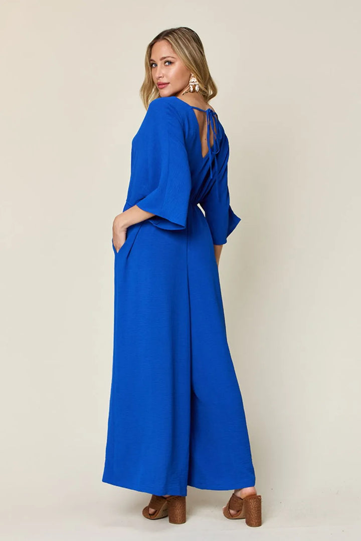 Royal  Blue Double Take Full Size Surplice Wide Leg Jumpsuit With Pockets