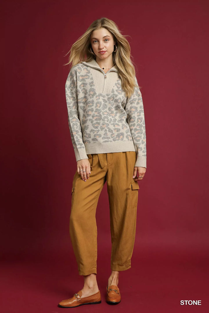 Umgee Leopard Print Quarter Zip Knit Sweater