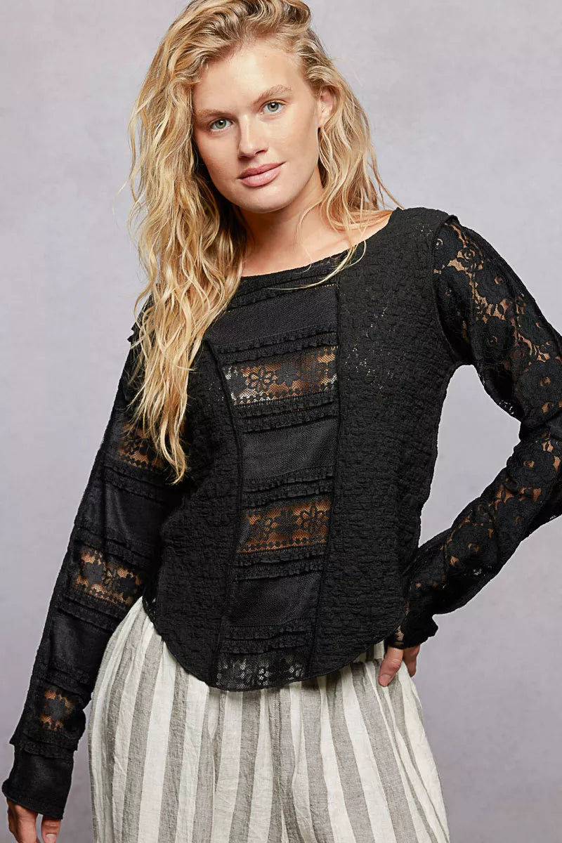 Black Pol Round Neck Long Sleeve Exposed Seam Top With Lace Detail 3