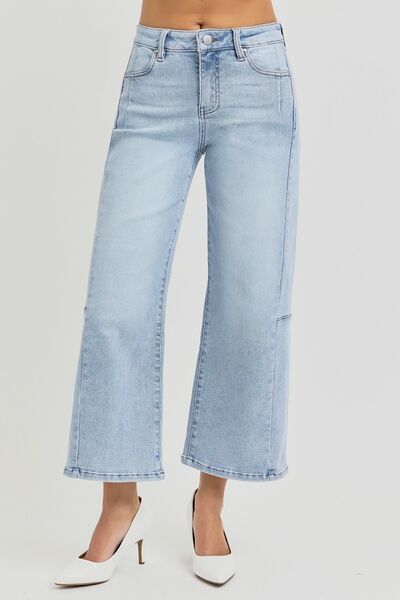 Light Risen Full Size High Rise Seamed Detail Wide Leg Crop Jeans