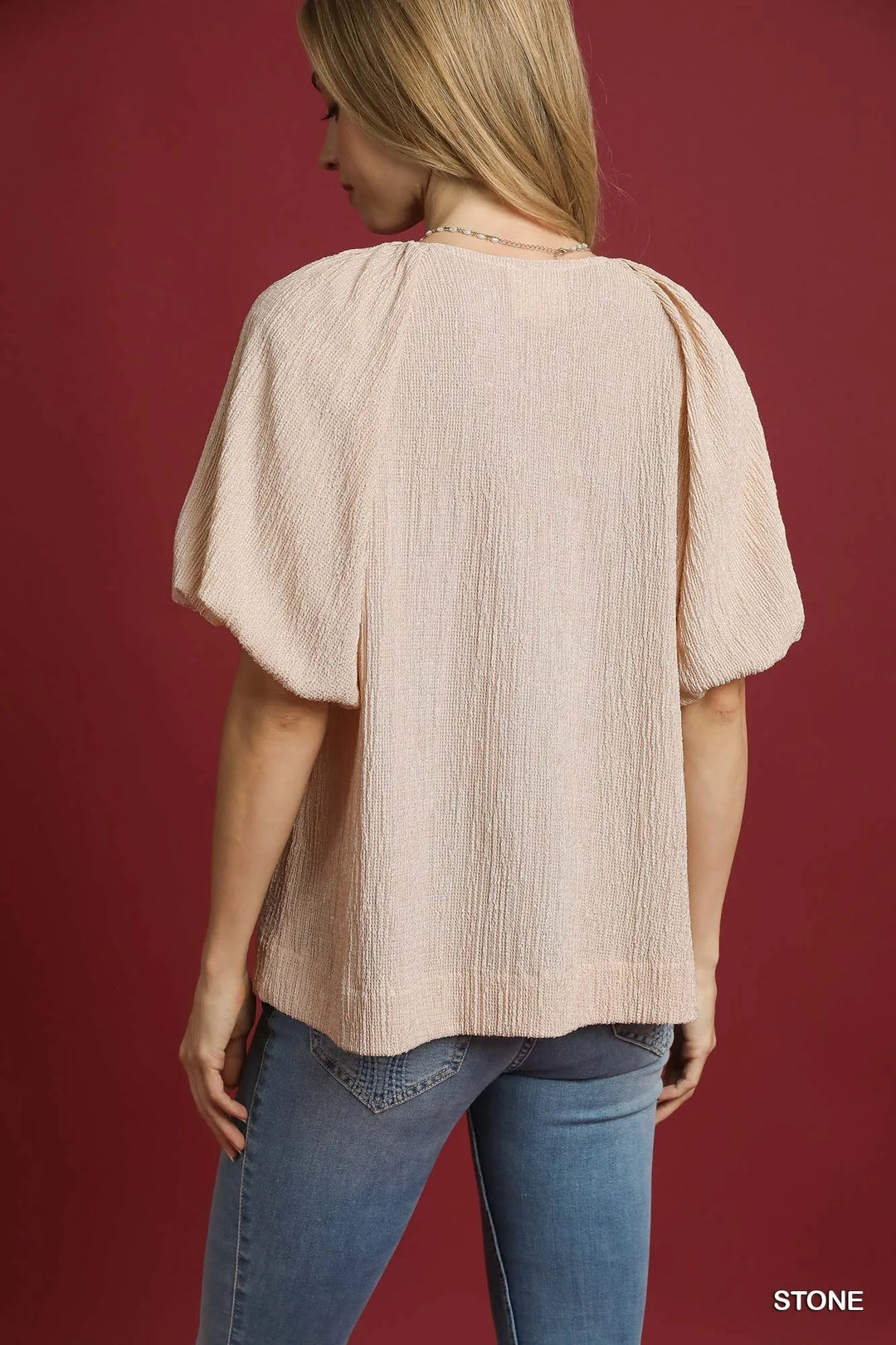 Stone Umgee Texture Puff Sleeve Notched Blouse