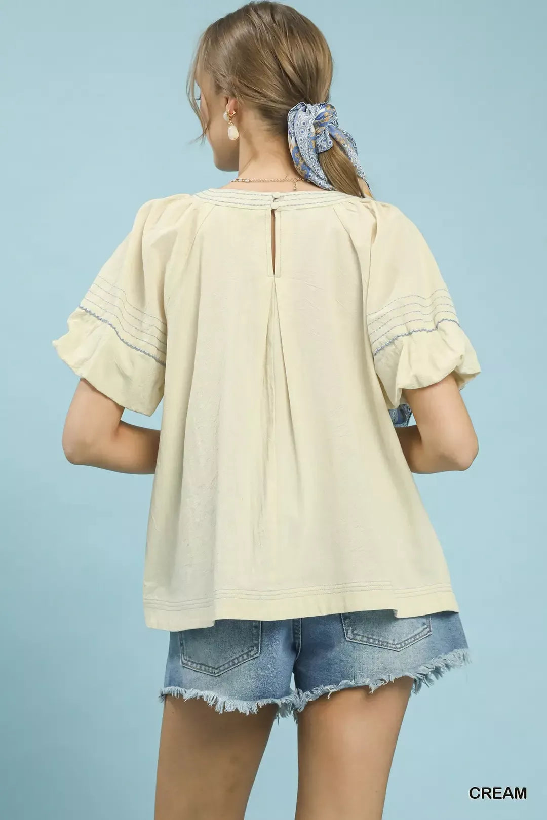 Cream Umgee Round Neck Puff Sleeve Top With Contrast Stitch Detail