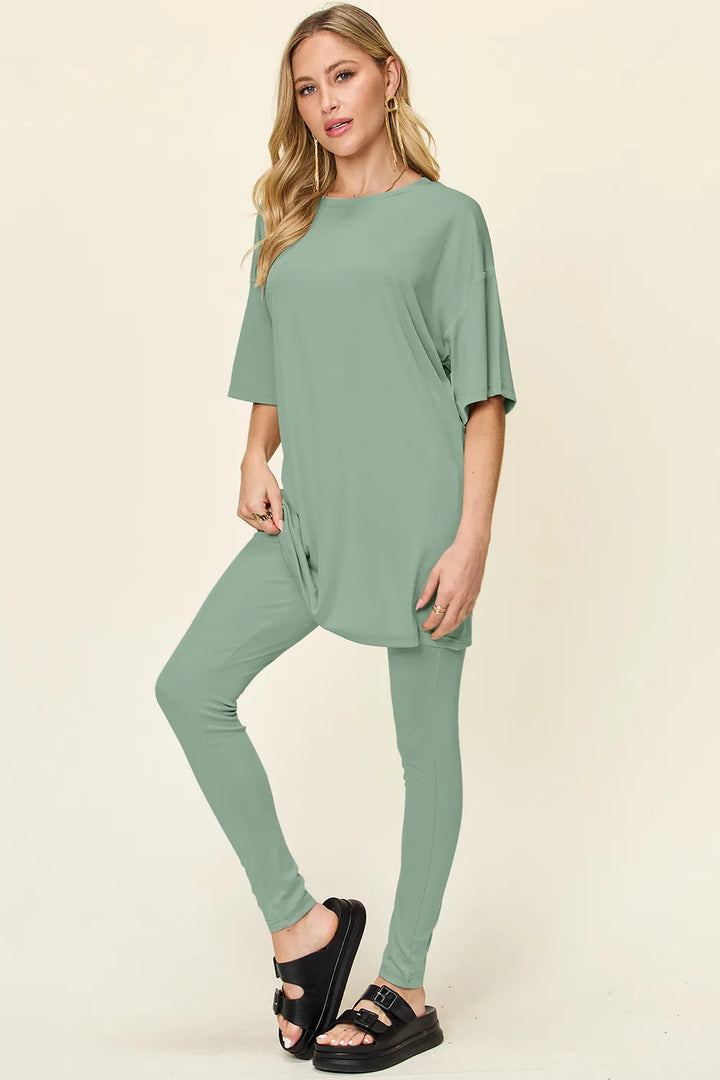 Mocha Double Take Full Size Round Neck Dropped Shoulder T Shirt And Leggings Set