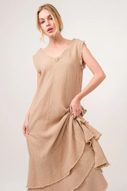 Sand And The Why Washed Cotton Gauze Fringe Detail Tiered Dress 1