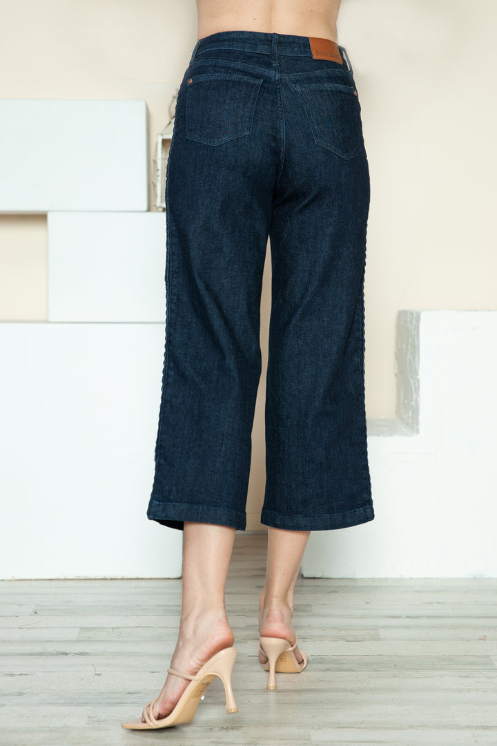 Dark Judy Blue Full Size Side Seam Braid Detail Crop Wide Leg Jeans