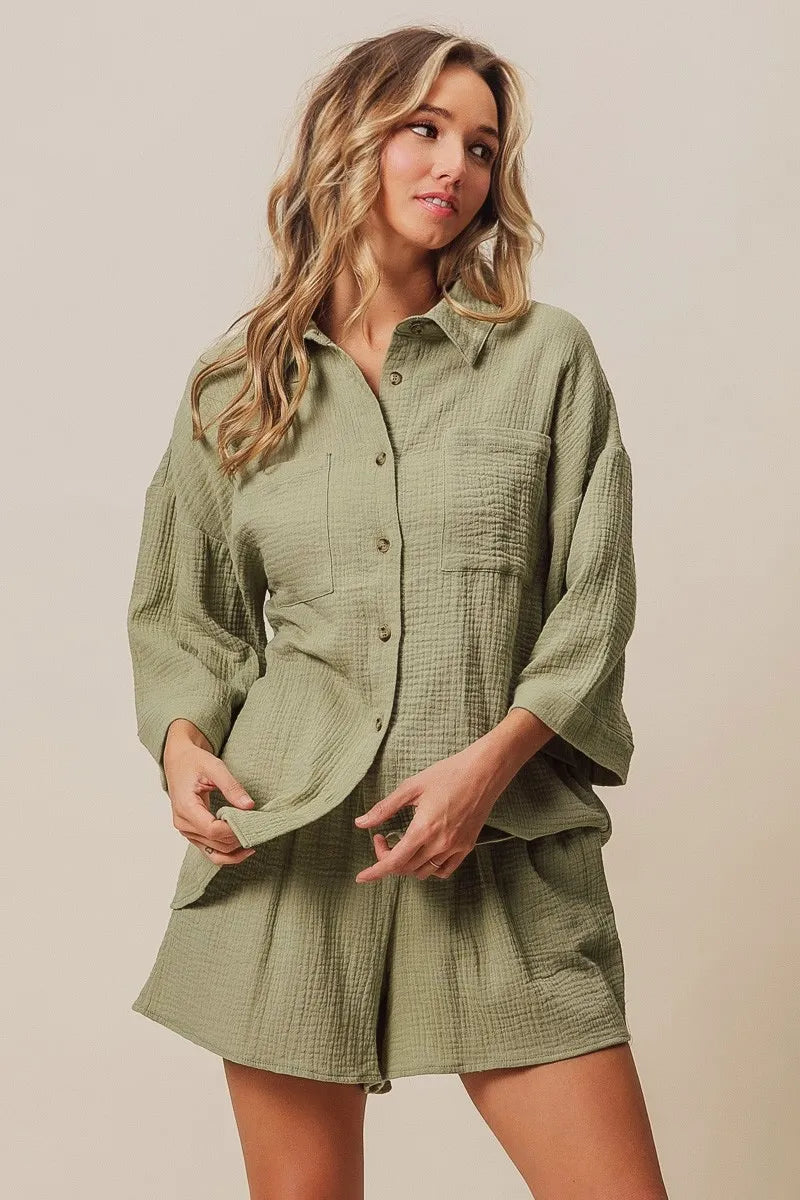 Sage Bibi Crinkle Gauze Shirt And Short Set