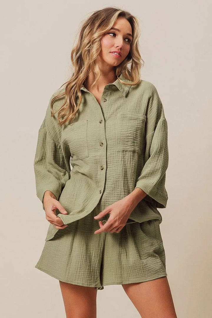 Sage Bibi Crinkle Gauze Shirt And Short Set