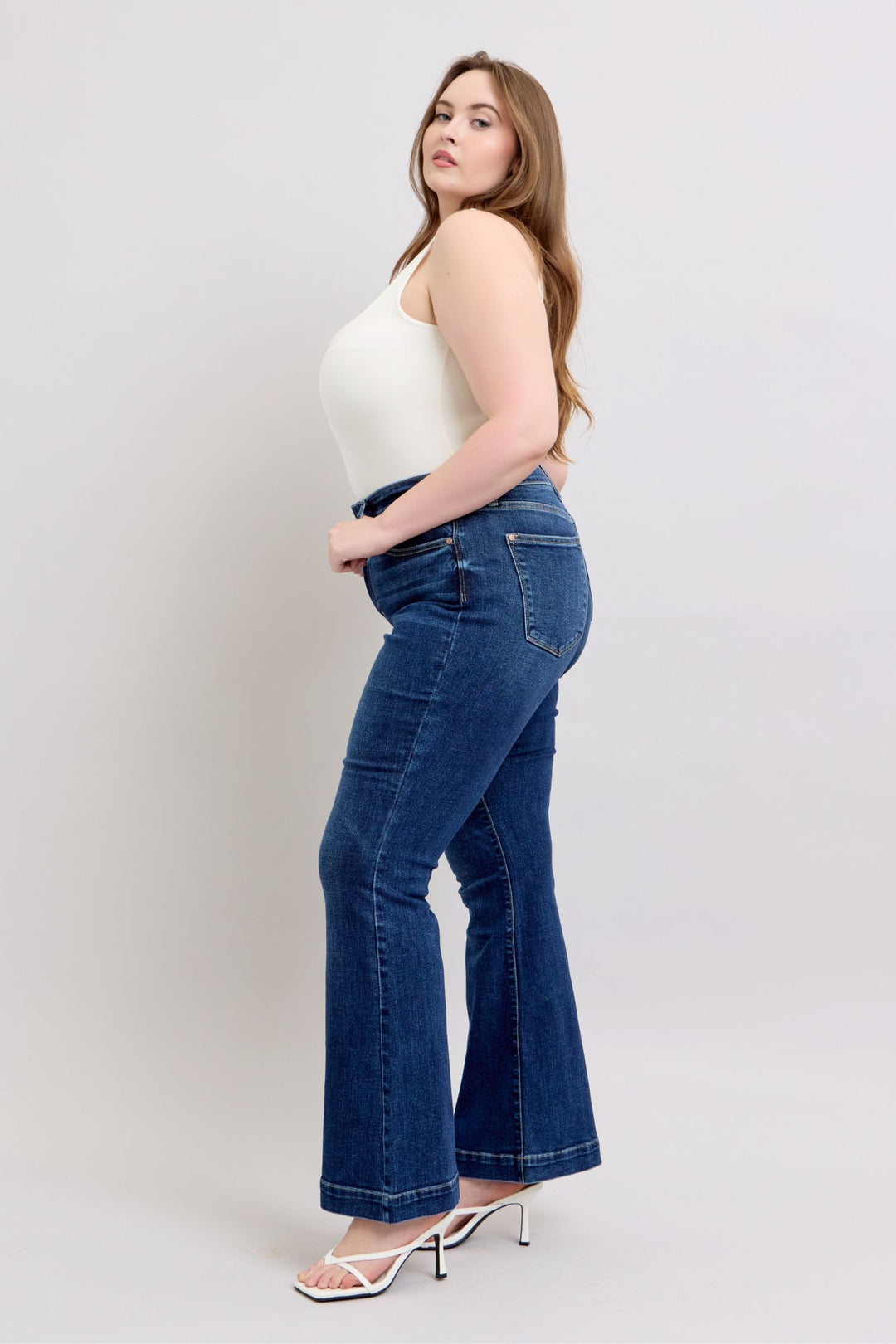 Dark Judy Blue Full Size High Rise Flare Jeans With Pockets Plus Size