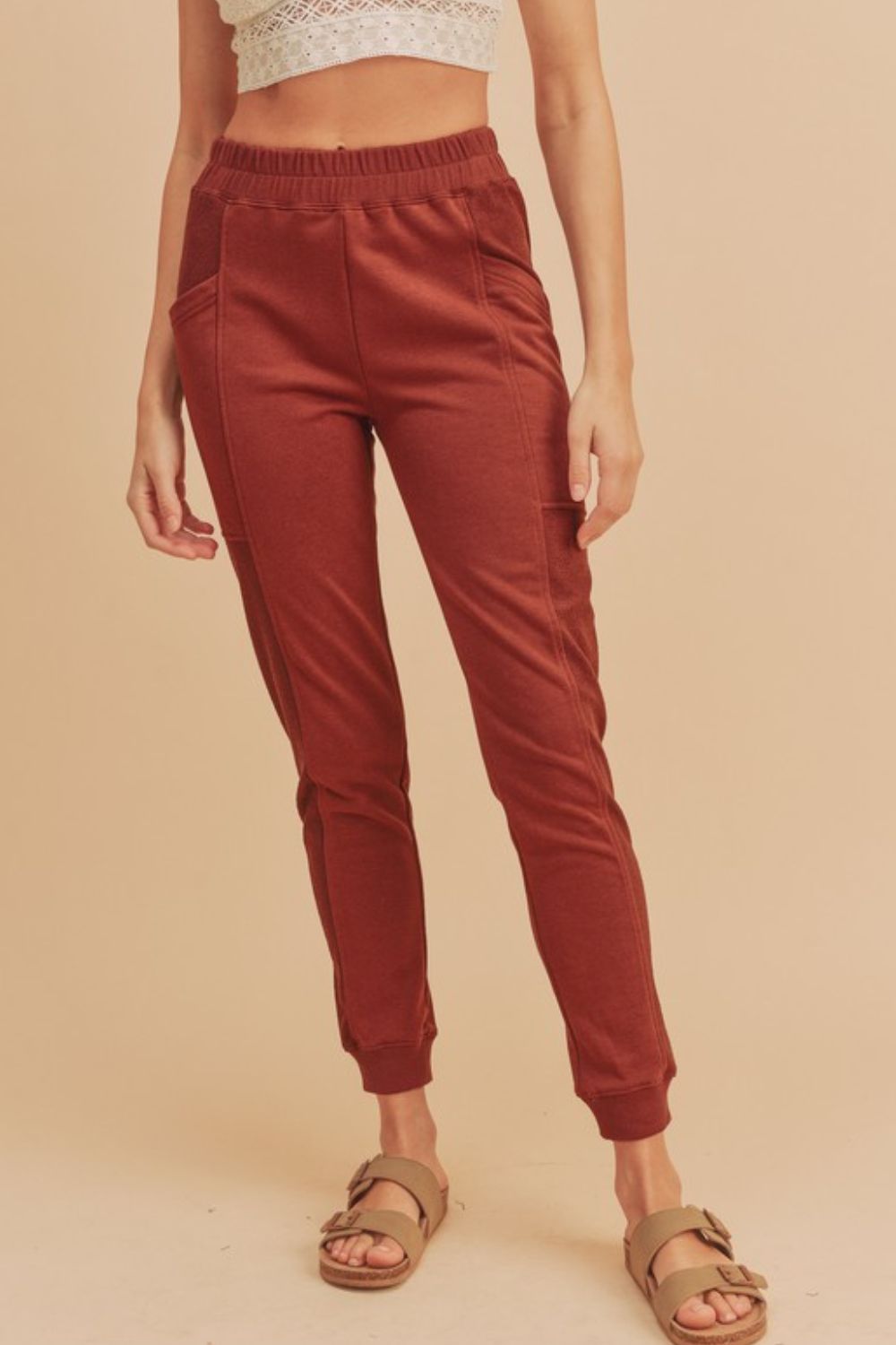Rust Aemi Co Elastic Waist Joggers With Pockets