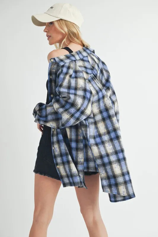 Aemi Co Washed Plaid Button Up Raglan Sleeve Flannel Shirt