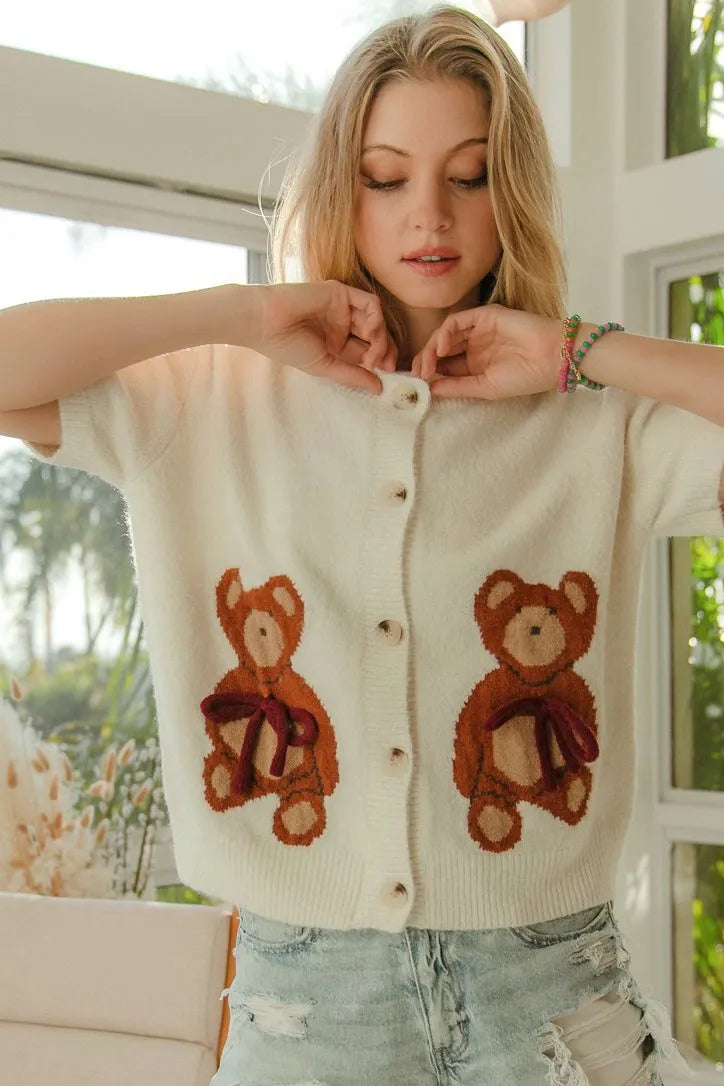Bibi Teddy Bear With Bow Patched Sweater Button Down Top