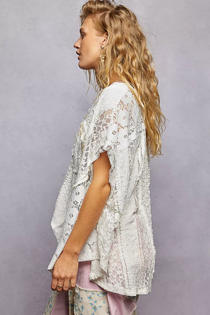 Pol Asymmetrical V Neck Short Sleeve Lace Top 1