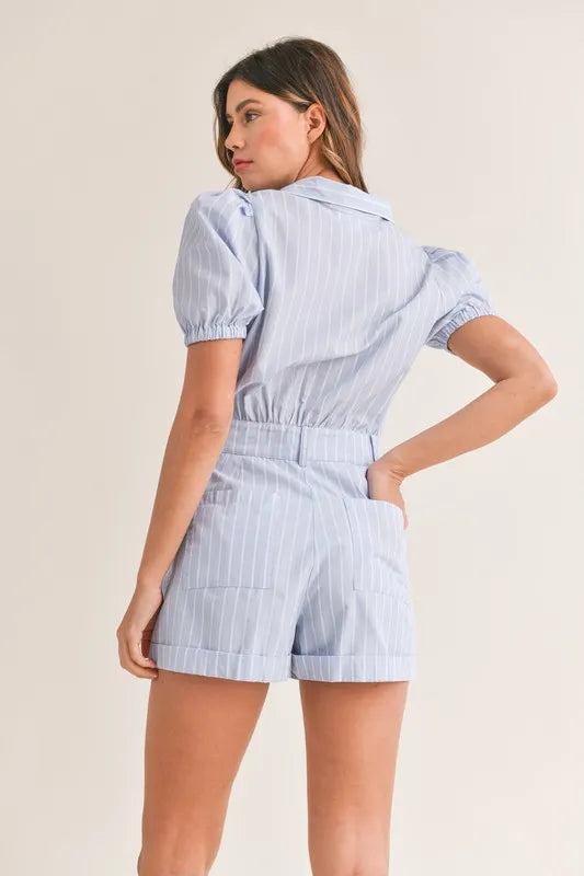 Lt Blue Mable Striped Puff Sleeve Collared Neck Romper 1