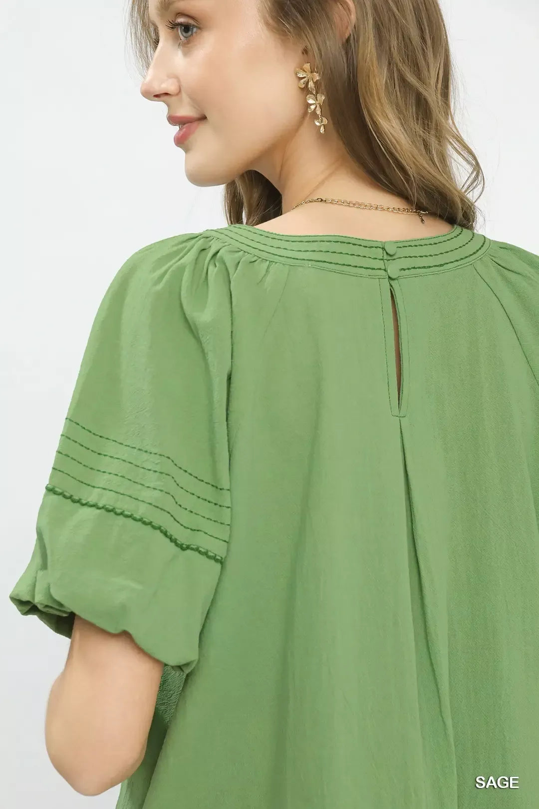 Umgee Round Neck Puff Sleeve Top With Contrast Stitch Detail 1