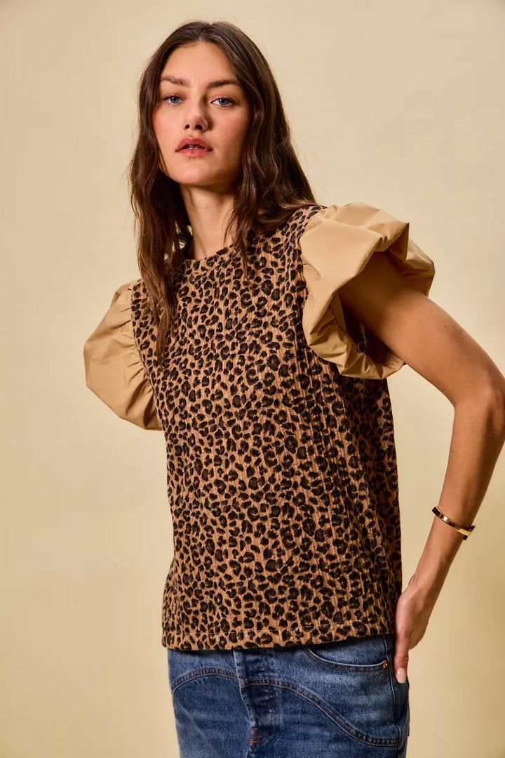 So Me Leopard Pointelle Knit Top With Puff Sleeves