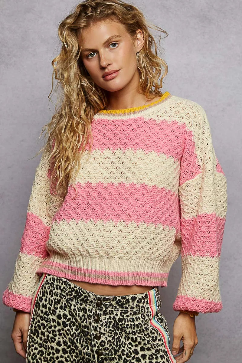 Pink Stripe Pol Contrast Striped Round Neck Sweater With Textured Cable Knit Pattern