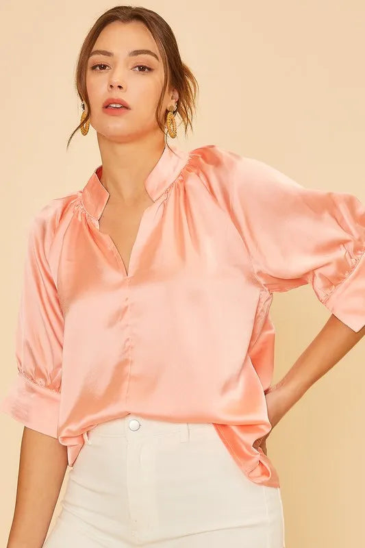 Peach Annie Wear Satin V Neck Open Short Sleeve Woven Blouse Top