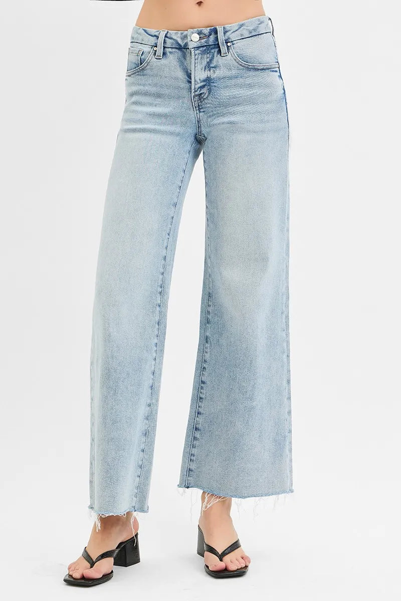 Light Risen Full Size Tummy Control Low Rise Wide Leg Raw Cut Hem Jeans Plus Size