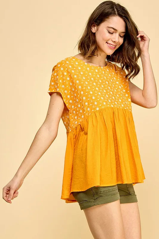 Orange Lime N Chili Embroidered Short Sleeve Pleated Babydoll Top