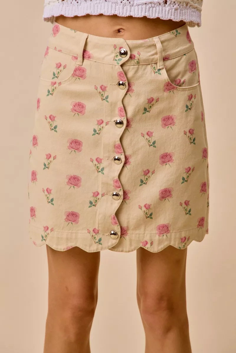 Ivory/Pink So Me Floral Rose Print Cotton Twill Scallop Mini Skirt