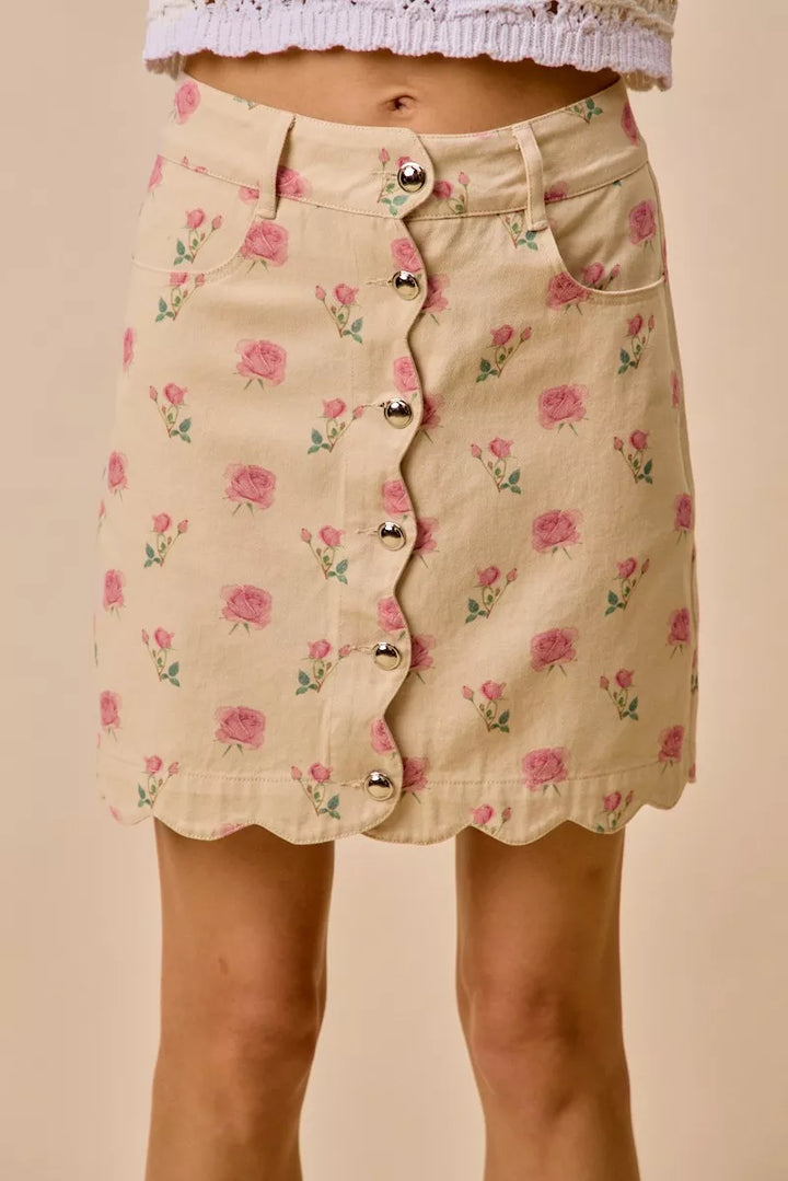 Ivory/Pink So Me Floral Rose Print Cotton Twill Scallop Mini Skirt