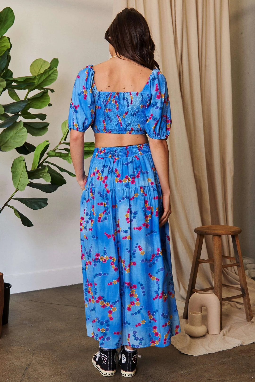 Davi Dani Smocing Bodice Puff Short Sleeve Printed Crop Top