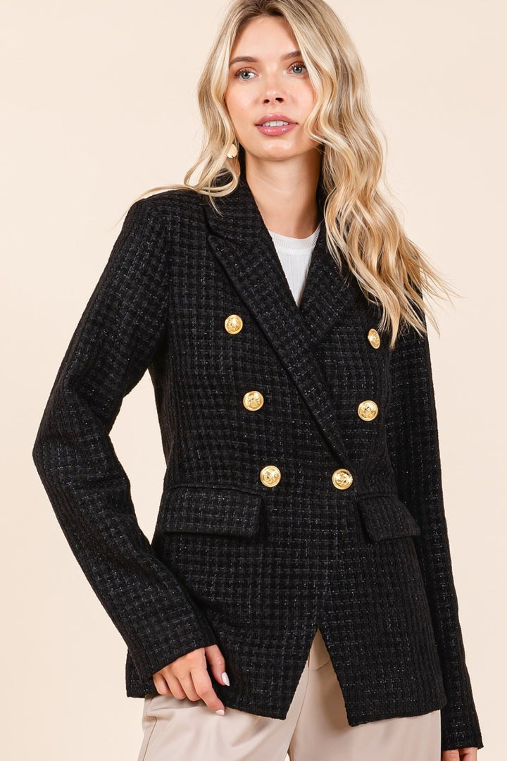 Black Mittoshop Plaid Texture Double Breasted Long Sleeve Blazer