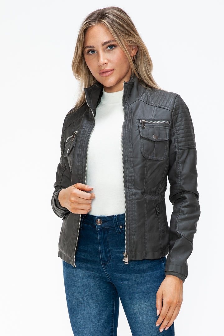 Ymi Removable Faux Layered Multi Pocket Jacket With Fuzzy Hood 1