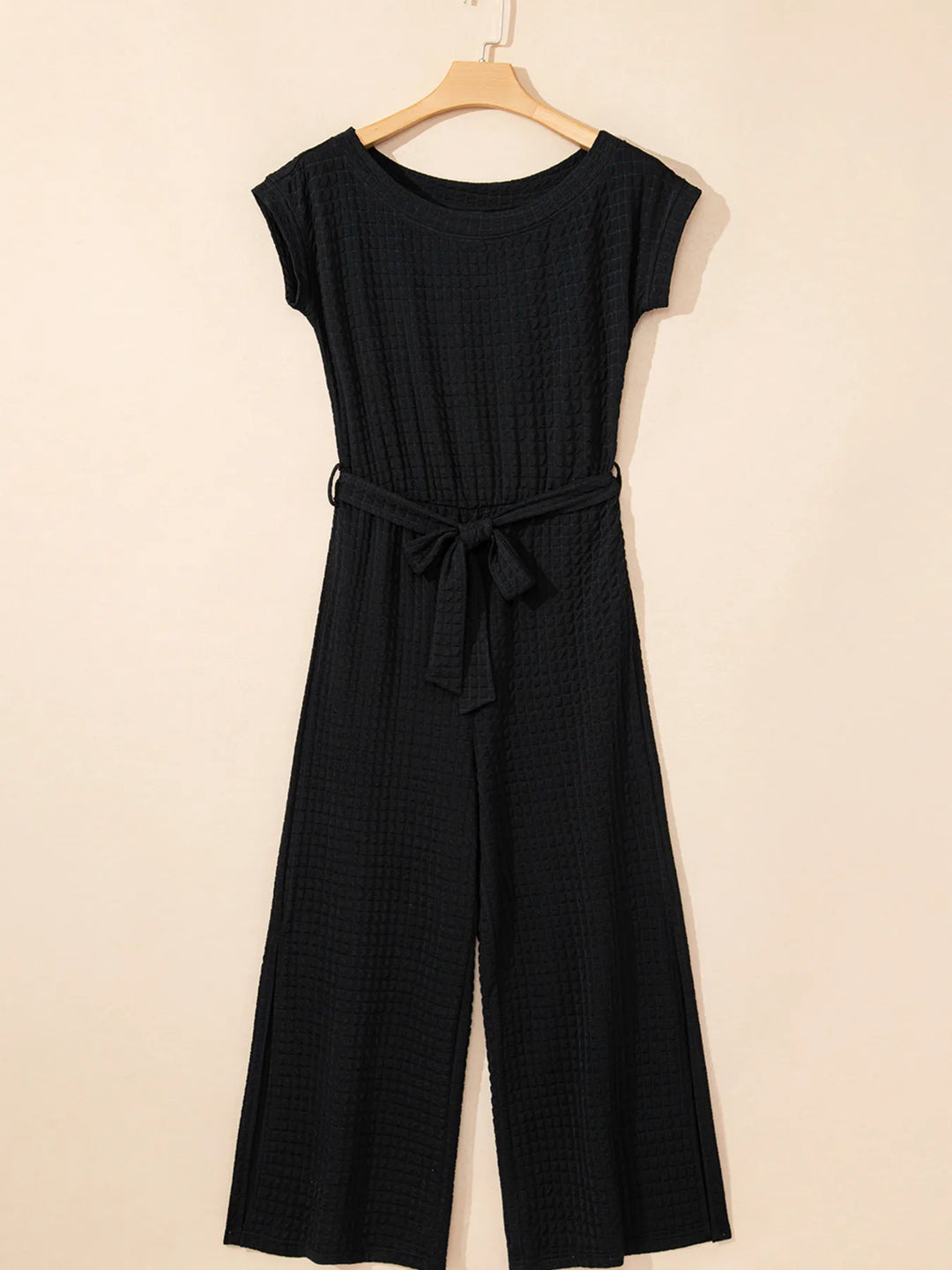 One Shoulder Short Sleeve Knotted Waist Jumpsuit
