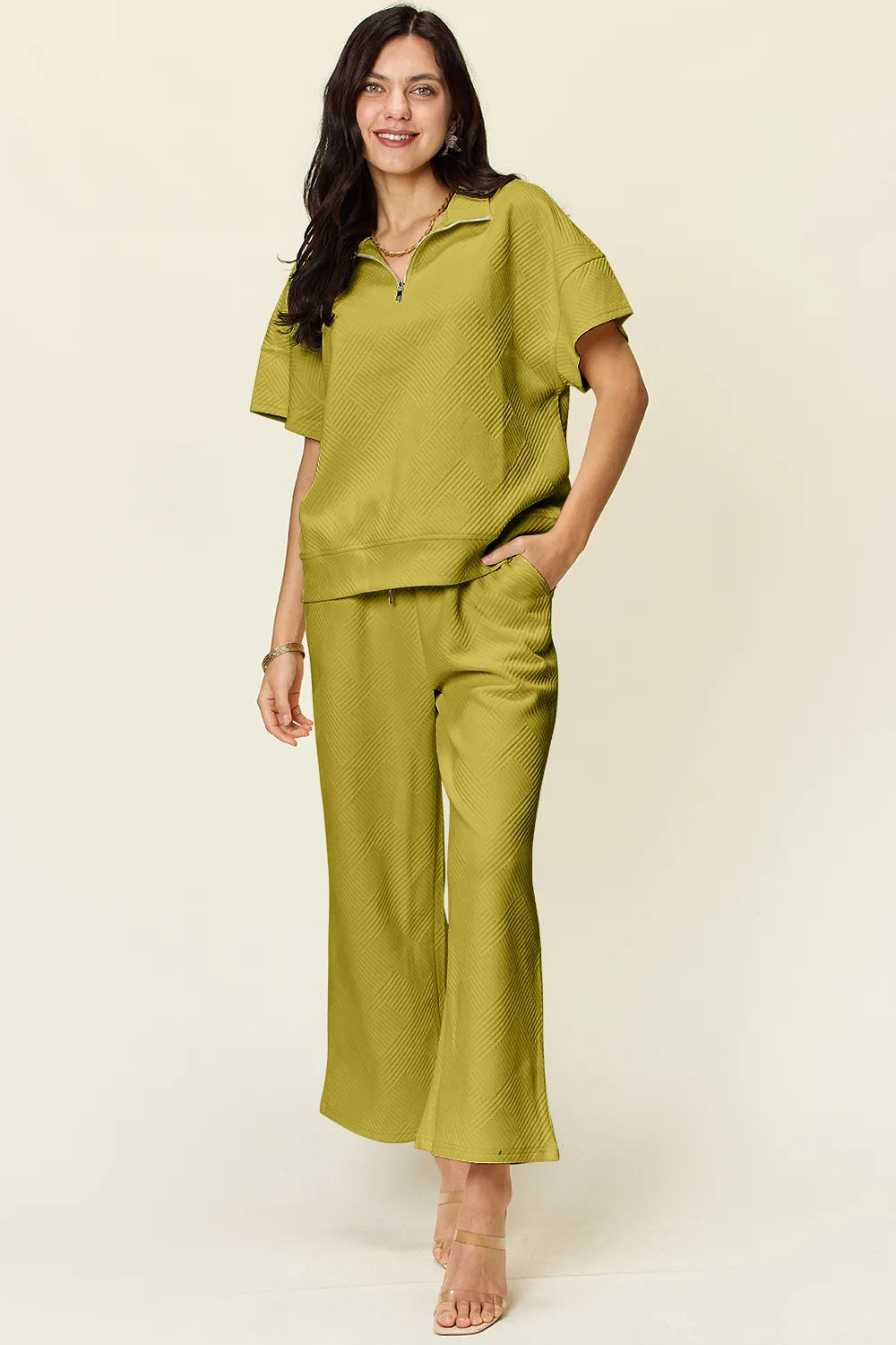 Deep Teal Double Take Full Size Texture Half Zip Short Sleeve Top And Pants Set 1