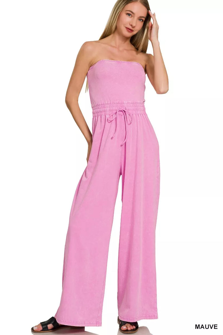 Mauve Zenana Acid Washed Strapless Tube Top Jumpsuit
