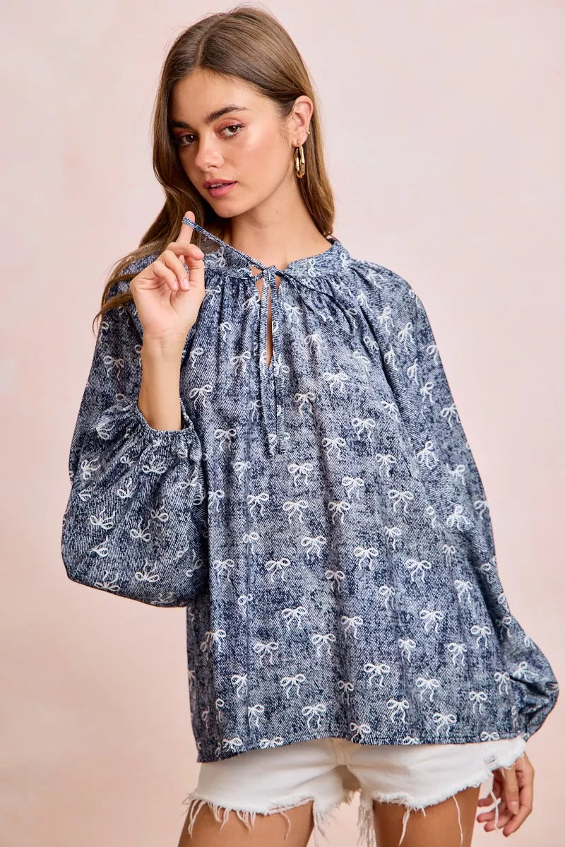 Navy/White Bow Bibi Ribbon Bow Print Exaggerated Balloon Sleeves Top
