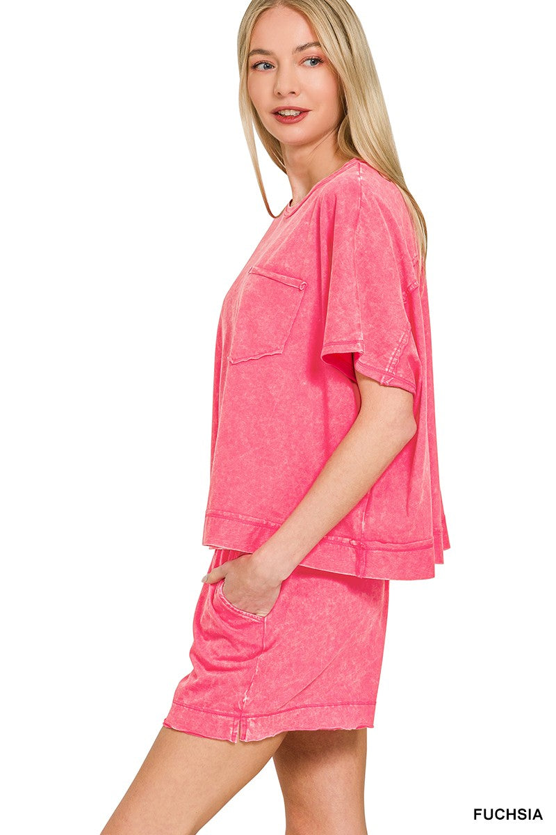 Fuchsia Zenana Acid Washed Oversized Top Shorts Set