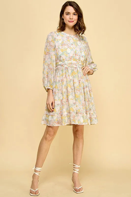 Lime N Chili Chiffon Floral Print Belted Dress With Back Zipper