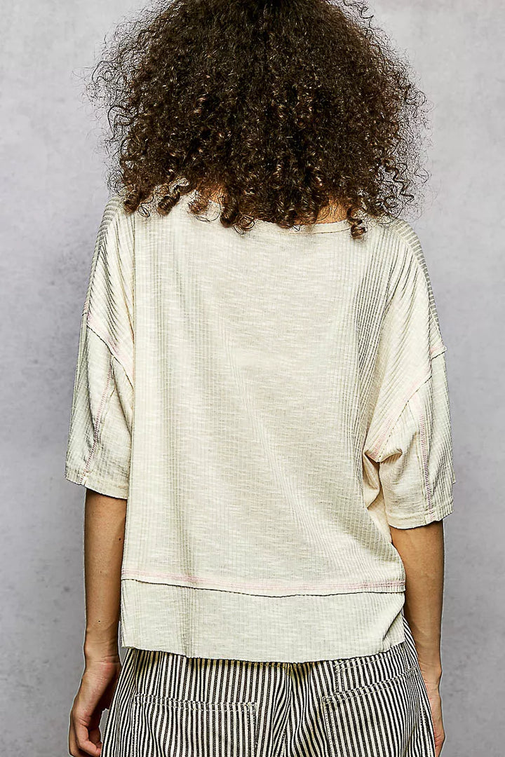 Pol Short Sleeve Ccopped Rib T Shirt With Contrast Stitch Detail